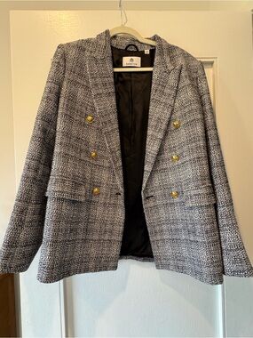 Babaton Gray Tweed Double-Breasted Blazer with Gold Buttons